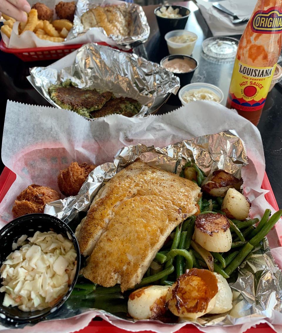 Fresh snapper and scallop basket on the intracoastal waterway at Dockside Seafood.