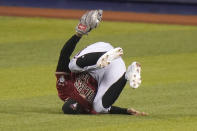 Arizona Diamondbacks left fielder Tim Locastro catches a fly ball hit by Miami Marlins' Sandy Leon during the sixth inning of a baseball game, Wednesday, May 5, 2021, in Miami. (AP Photo/Lynne Sladky)