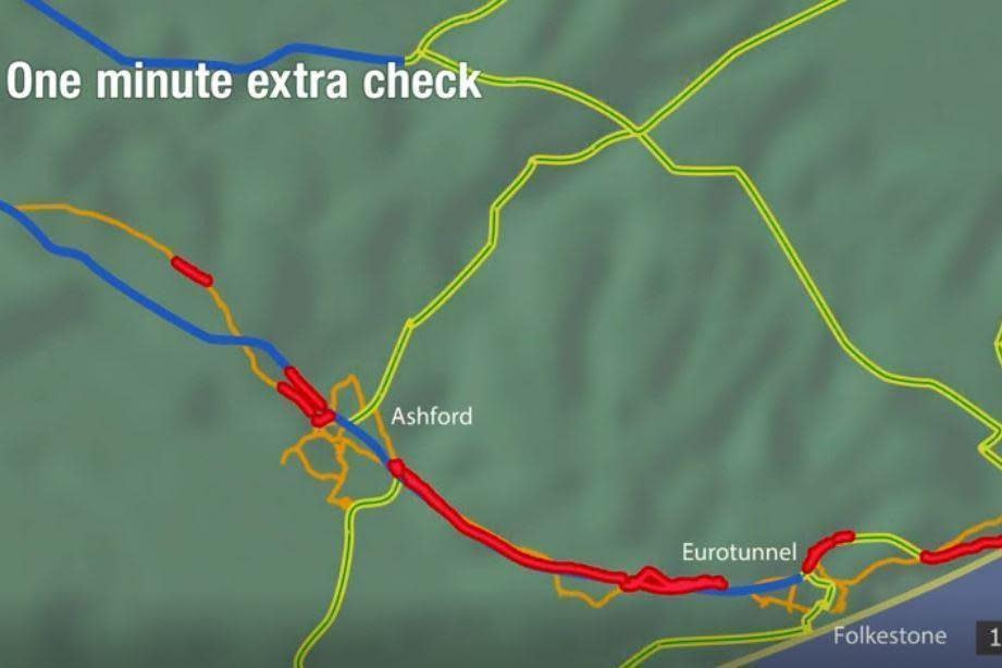 Traffic towards the Eurotunnel if checks last one minute longer (BBC Inside Out)