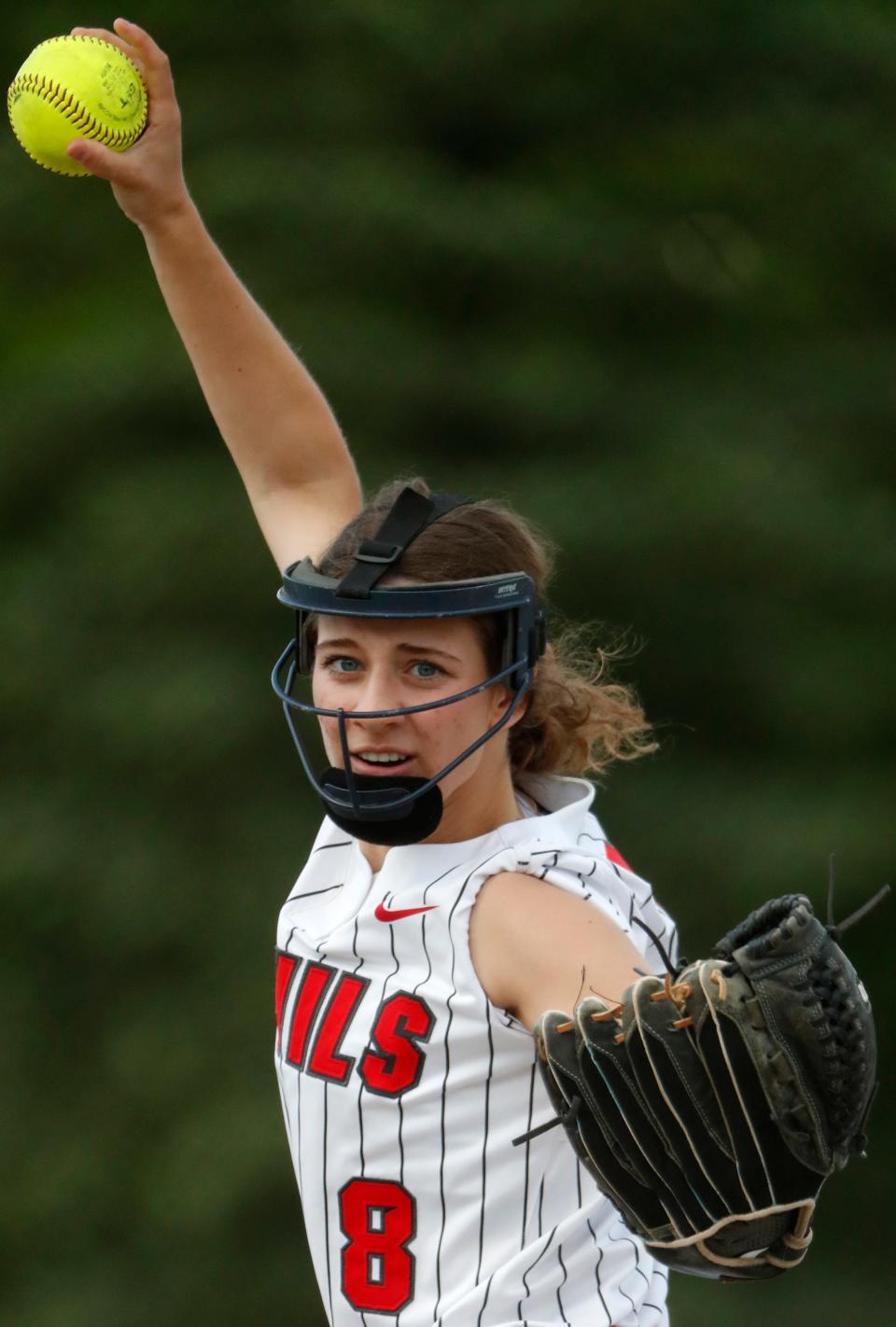 West Lafayette Red Devils Dani Rawles (8) pitches during the IHSAA softball game against the Western Panthers, Friday, May 10, 2024, at West Lafayette High School in West Lafayette, Ind. Western won 3-0.
