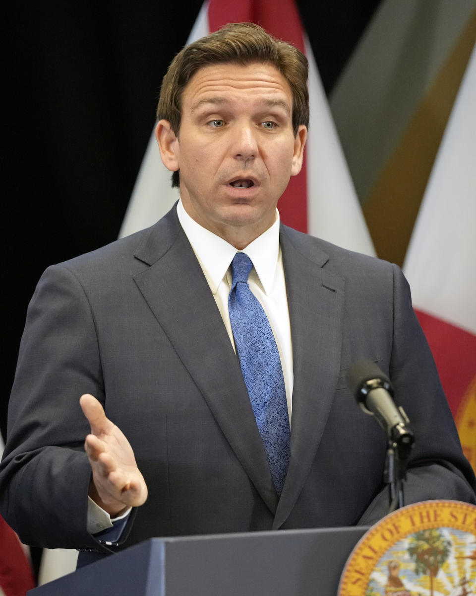 Florida Gov. Ron DeSantis speaks at a news conference at the Reedy Creek Administration Building Monday, April 17, 2023, in Lake Buena Vista, Fla. DeSantis and Florida lawmakers ratcheted up pressure on Walt Disney World on Monday by announcing legislation that will use the regulatory powers of Florida government to exert unprecedented oversight on the park resort's rides and monorail. (AP Photo/John Raoux)