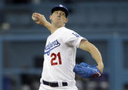 Los Angeles Dodgers starting pitcher Walker Buehler throws to a Colorado Rockies batter during the first inning of a baseball game Friday, June 21, 2019, in Los Angeles. (AP Photo/Marcio Jose Sanchez)