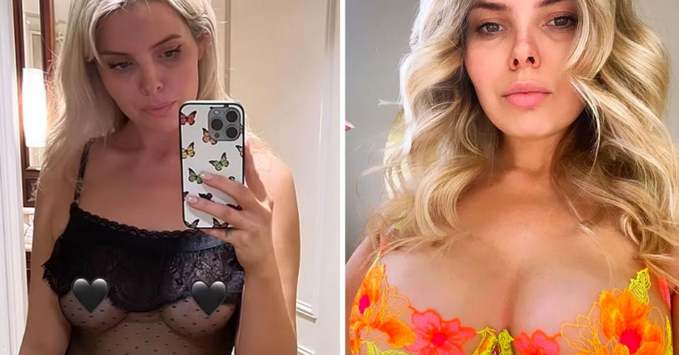 Left: MAFS star Olivia Frazer takes a photo of herself in black lingerie with two emoji hearts covering her nipples. Right: Olivia Frazer wears a floral sheer orange, red and yellow bikini.