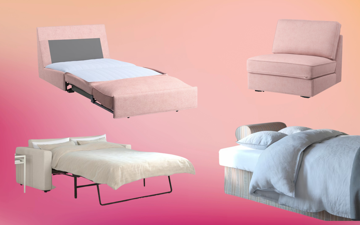  A pink gradient background with sofa beds overlayed. 