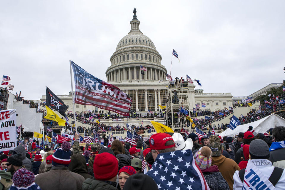 FILE - Insurrections loyal to President Donald Trump at the U.S. Capitol in Washington on Jan. 6, 2021. All eyes are on the Supreme Court in Donald Trump's federal 2020 election interference case. The conservative-majority Supreme Court's next moves could determine whether the former president stands trial in Washington ahead of the November election.(AP Photo/Jose Luis Magana, File)