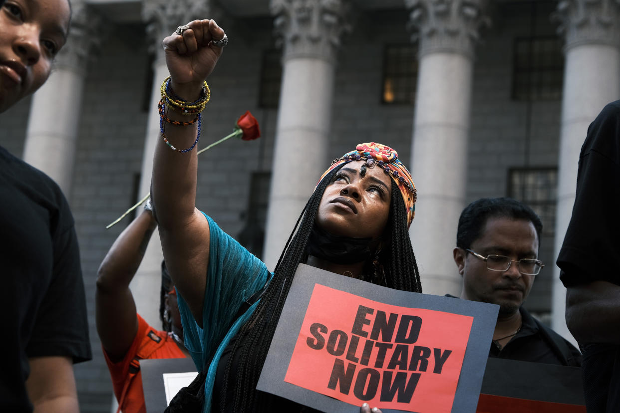 A protest in front of a New York City courthouse to demand an end to solitary confinement in New York’s prisons on June 7, 2021. (Spencer Platt / Getty Images file)