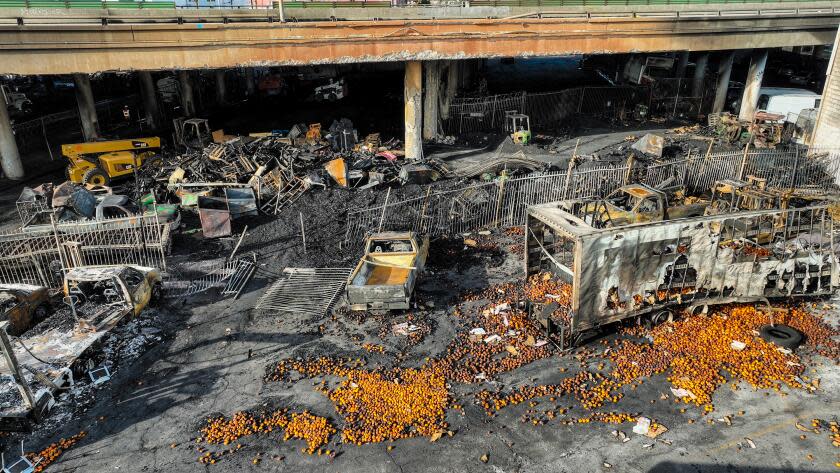 Los Angeles, CA, Monday, November 13, 2023 - Produce lays strewn across the pavement days after a large pallet fire burned below, destroying numerous businesses housed below the I-10. (Robert Gauthier/Los Angeles Times)