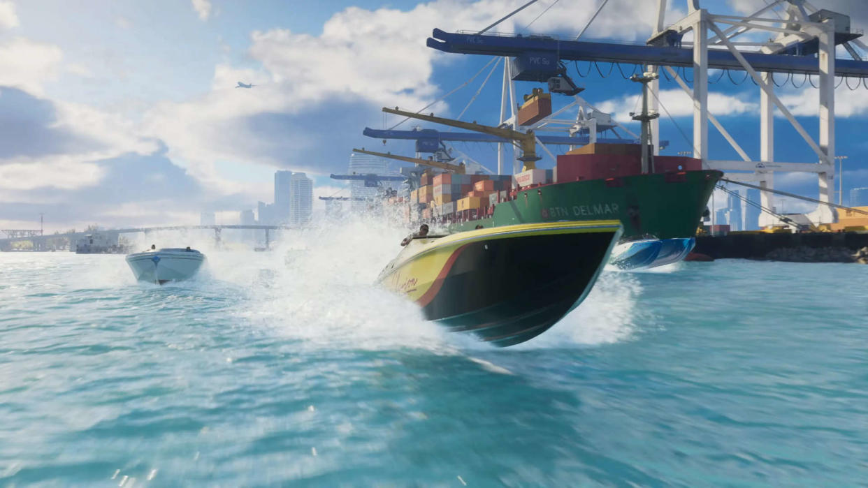  A screenshot from the GTA 6 first trailer, showing speed boasts travelling fast. 