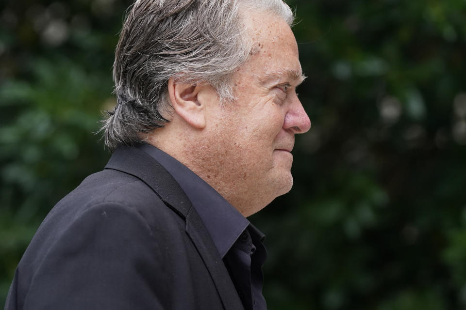 Former White House strategist Steve Bannon arrives at federal court for the second day of jury selection in his contempt-of-Congress trial, Tuesday, July 19, 2022, in Washington. (AP Photo/Patrick Semansky)