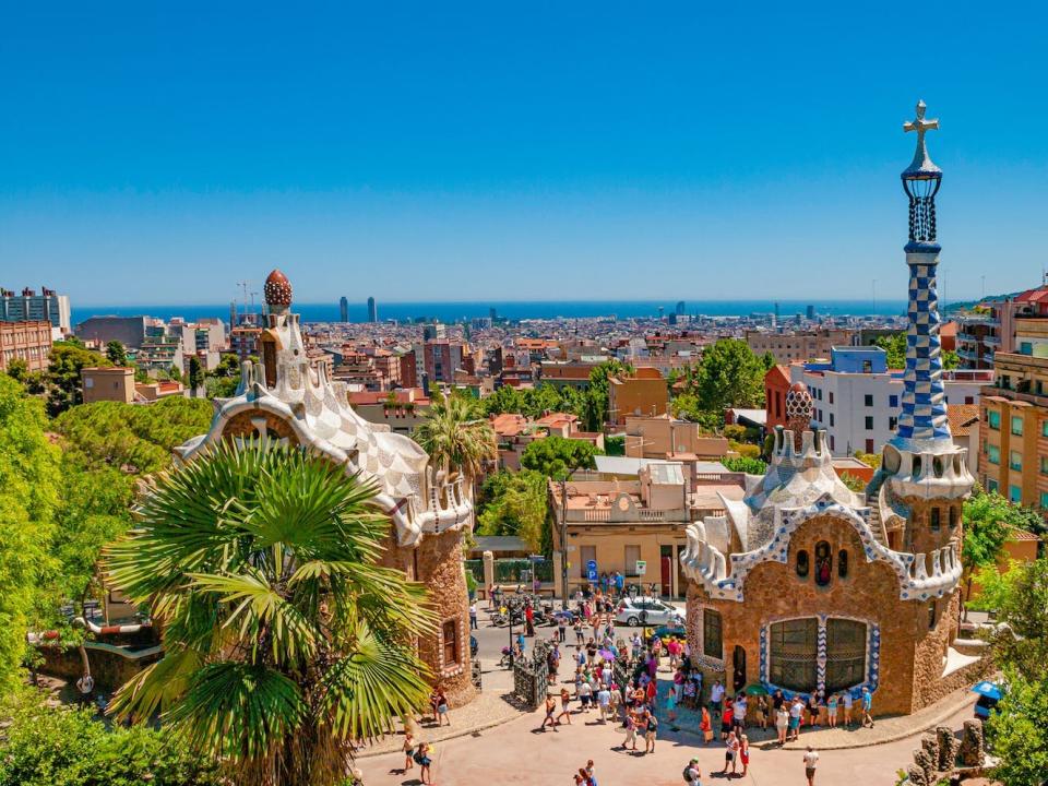 Toursts visit Park Guell in Barcelona, Spain.