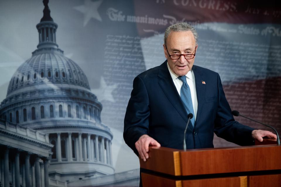 US Senate Minority Leader Chuck Schumer speaks during a press conference after a pro forma session where the Senate passed a nearly $500 billion package to further aid small businesses during the coronavirus pandemic, at the US Capitol in Washington, DC, April 21, 2020. (Photo by SAUL LOEB / AFP) (Photo by SAUL LOEB/AFP via Getty Images)