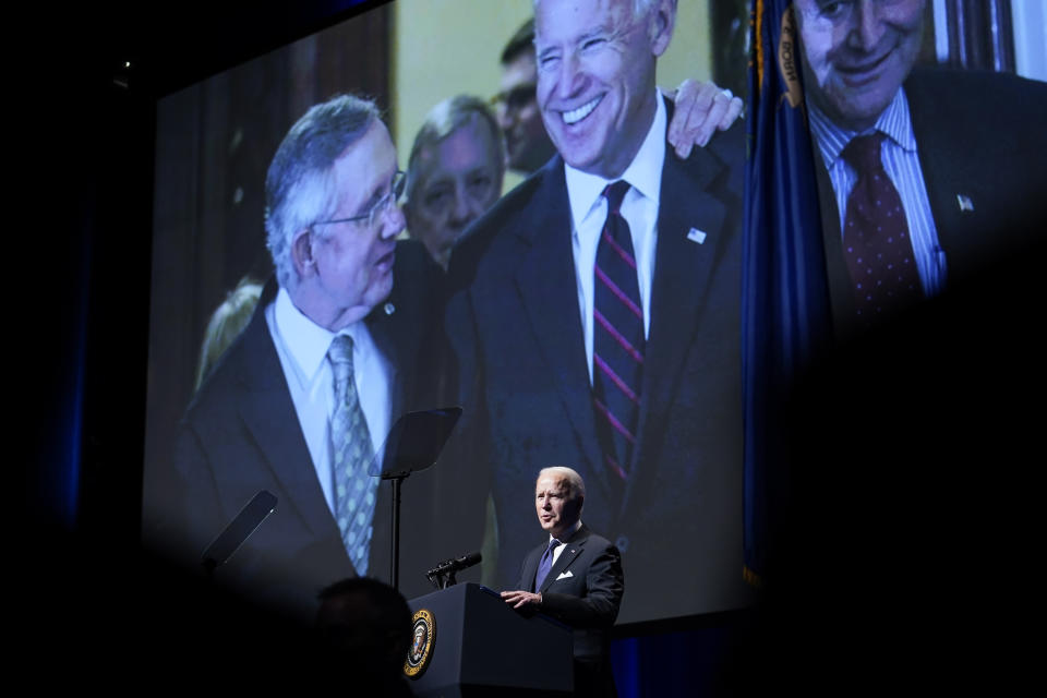 President Joe Biden speaks during a memorial service for former Senate Majority Leader Harry Reid at the Smith Center in Las Vegas, Saturday, Jan. 8, 2022. (AP Photo/Susan Walsh)