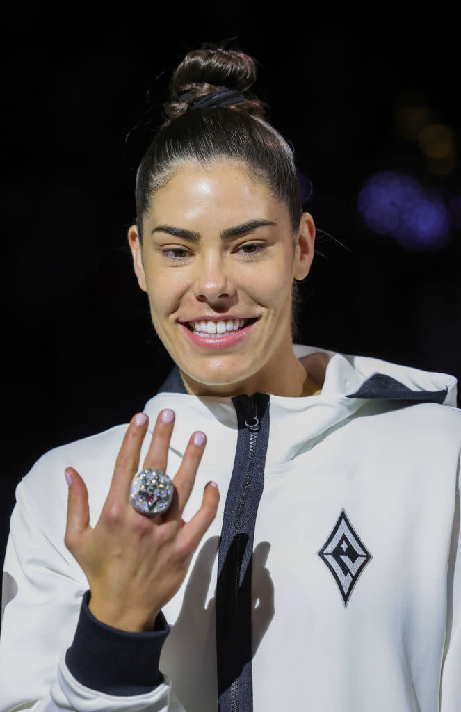 LAS VEGAS, NEVADA - MAY 14: Kelsey Plum #10 receives her 2023 WNBA championship ring before the team's home opener against the Phoenix Mercury on May 14, 2024 in Las Vegas, Nevada. NOTE TO USER: User expressly acknowledges and agrees that, by downloading and or using this photograph, User is consenting to the terms and conditions of the Getty Images License Agreement. (Photo by Ethan Miller/Getty Images)