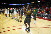 Baylor guard Devonte Bandoo walks off the court after the team's NCAA college basketball game against Iowa State, Wednesday, Jan. 29, 2020, in Ames, Iowa. Baylor won 67-63. (AP Photo/Charlie Neibergall)