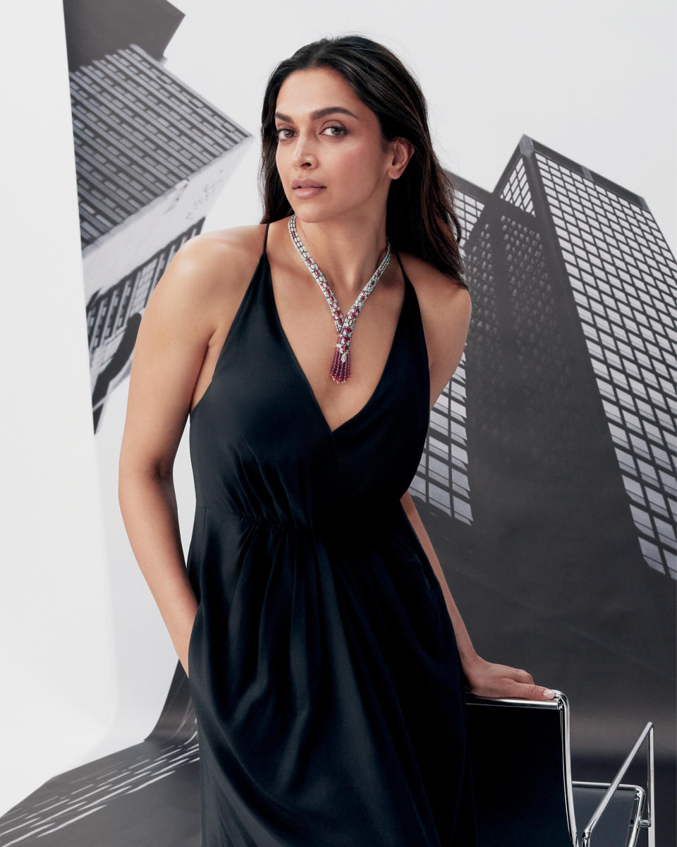 Deepika Padukone wearing the Vespro necklace from Cartier's new high jewelry collection.