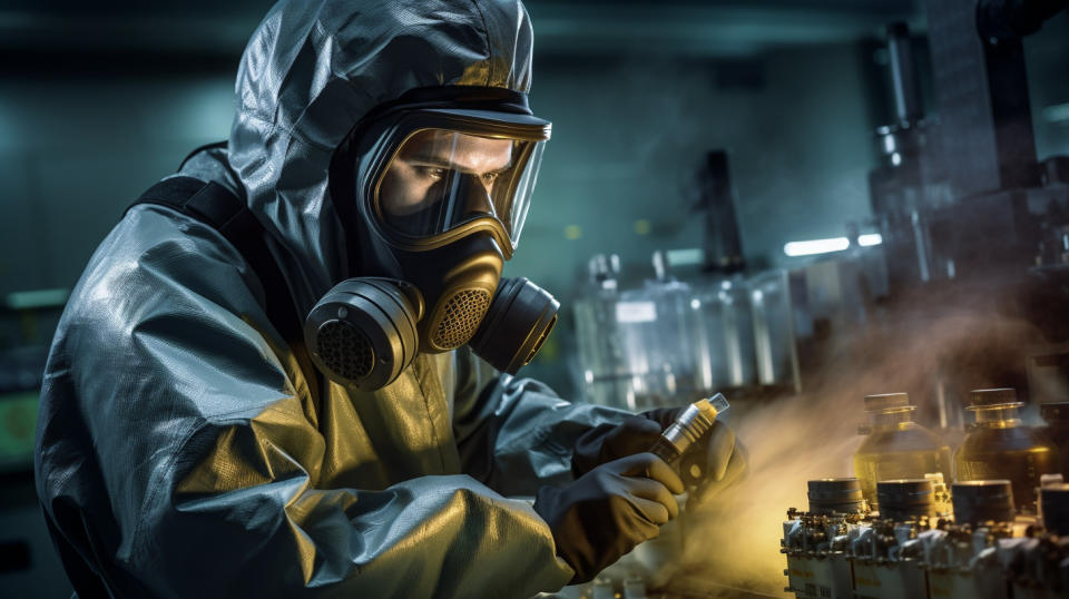 An industrial worker in a protective suit operating a complex chemical process.