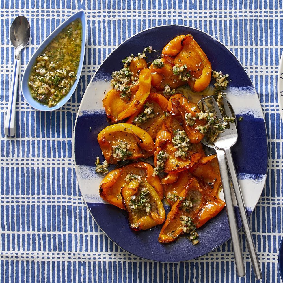 thanksgiving appetizers slow roasted orange bell peppers with walnut relish