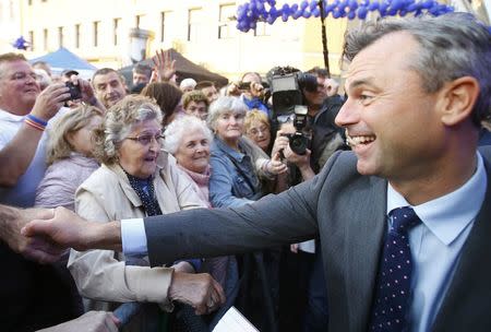 Austrian far right Freedom Party's (FPOe) presidential candidate Norbert Hofer (R) shakes hands with supporters during his final election rally in Vienna, Austria, May 20, 2016. REUTERS/Leonhard Foeger