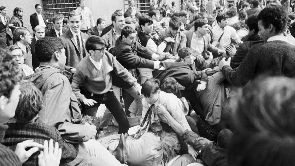 Students supporting the Columbia University sit-in and counter-demonstrators engage in a short-lived free-for-all outside Low Library at Columbia University on April 29, 1968. The counter-demonstrators sealed off Low, and other buildings occupied by demonstrating students, in an effort to cut off the students inside from food and prevent other students from getting in. - Bettmann Archive/Getty Images