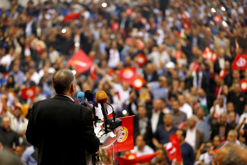 FILE PHOTO: Secretary General of the Tunisian General Labour Union (UGTT) Noureddine Taboubi gives a speech during a rally to mark a Labour Day, in Tunis