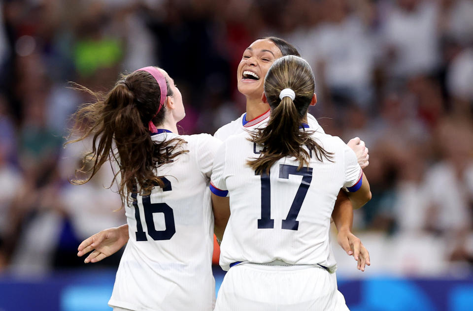 MARSEILLE, FRANCE - JULY 28: Sophia Smith #11 of Team United States celebrates scoring her team's third goal during the Women's group B match between United States and Germany during the Olympic Games Paris 2024 at Stade de Marseille on July 28, 2024 in Marseille, France. (Photo by Alex Livesey/Getty Images)