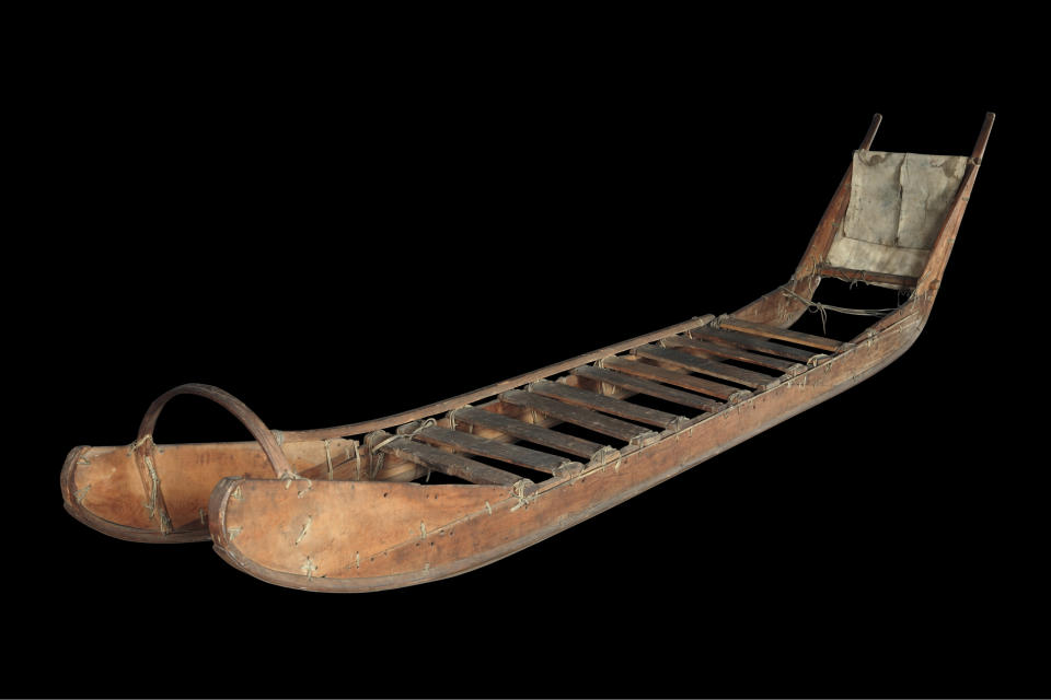 This undated photo supplied by Bowdoin College shows a sledge used by Robert E. Peary’s North Pole expedition. The museum, one of a number of cultural and historic sites in Brunswick, Maine tells the story of Peary, who reached the North Pole in 1909, and his fellow Arctic explorer Donald MacMillan, both Bowdoin grads. (AP Photo/Tannery Hill Studios, Dennis Griggs)