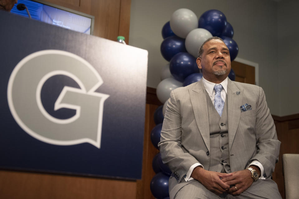 New Georgetown NCAA college basketball head coach Ed Cooley is shown during an introductory press conference in Washington, Wednesday, March 22, 2023. (AP Photo/Cliff Owen)