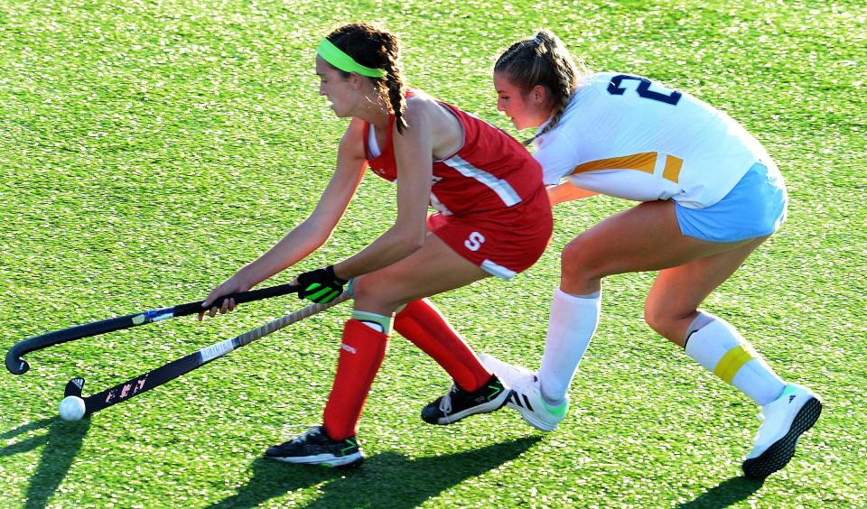 Cape Henlopen's Grace Wiggins tries to steal ball away from Bree Moffett during Smyrna's 2-1 win on Thursday September 14, 2023.