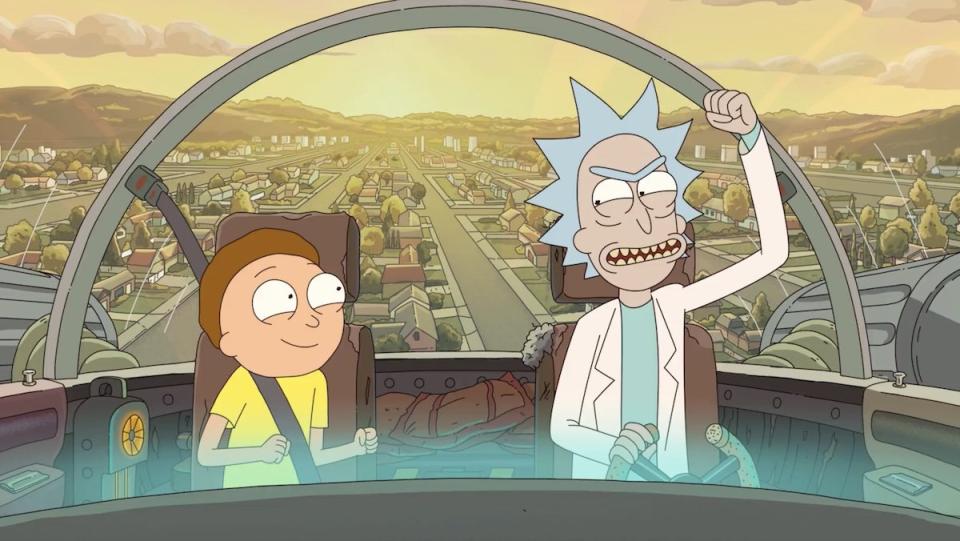 Rick and Morty excited in the cockpit of Rick's ship