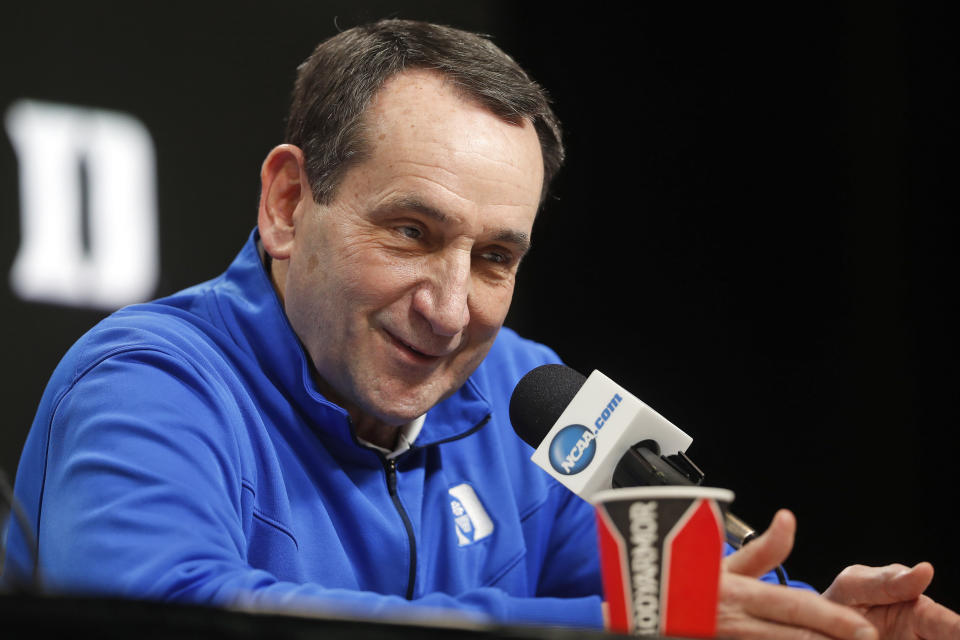 FILE - In this March 28, 2019, file photo, Duke head coach Mike Krzyzewski answers questions during a news conference at the NCAA college basketball tournament in Washington. Duke Hall of Fame coach Mike Krzyzewski will coach his final season with the Blue Devils in 2021-22, a person familiar with the situation said Wednesday, June 2, 2021. The person said former Duke player and associate head coach Jon Scheyer would then take over as Krzyzewski's successor for the 2022-23 season. (AP Pablo Martinez Monsivais, File)
