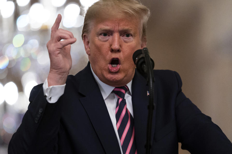 President Donald Trump speaks during an event celebrating his impeachment acquittal in the East Room of the White House, Thursday, Feb. 6, 2020, in Washington. (AP Photo/Evan Vucci)