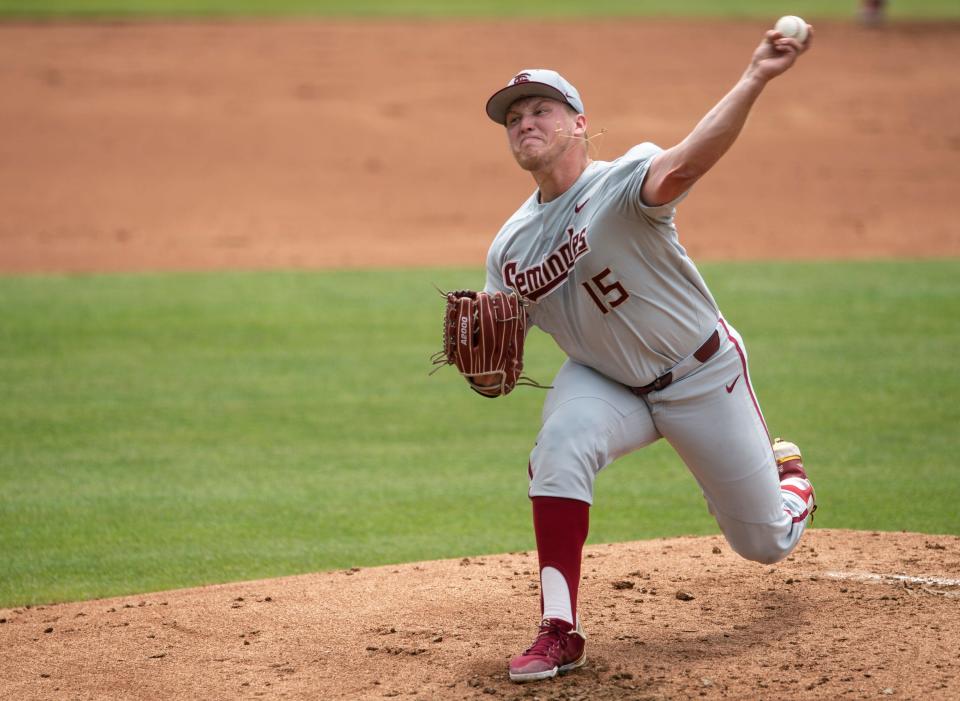 Florida State Seminoles pitcher Parker Messick (15) pitches as Florida State Seminoles take on UCLA Bruins during the NCAA regional baseball tournament at Plainsman Park in Auburn, Ala., on Friday, June 3, 2022. 