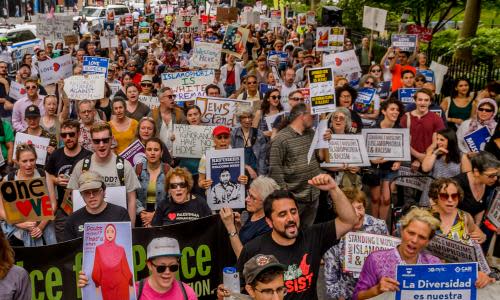 Anti-Racists Protest In New York<br>NEW YORK - JUNE 10: Muslims, anti-Trump and anti-racist activists stage a protest against a simultaneous 'anti-Islam' rally that was organized by 'ACT for America', known with its racist and anti-Islamic notions on June 10, 2017 in New York City. The New York chapter of the Council on American-Islamic Relations (CAIR-NY) and the New York Immigration Coalition (NYIC) partner with other leading civil rights groups and grassroots activists to rally in support of the Muslim community, showcasing a pluralistic alternative to the white supremacist and Islamophobic 