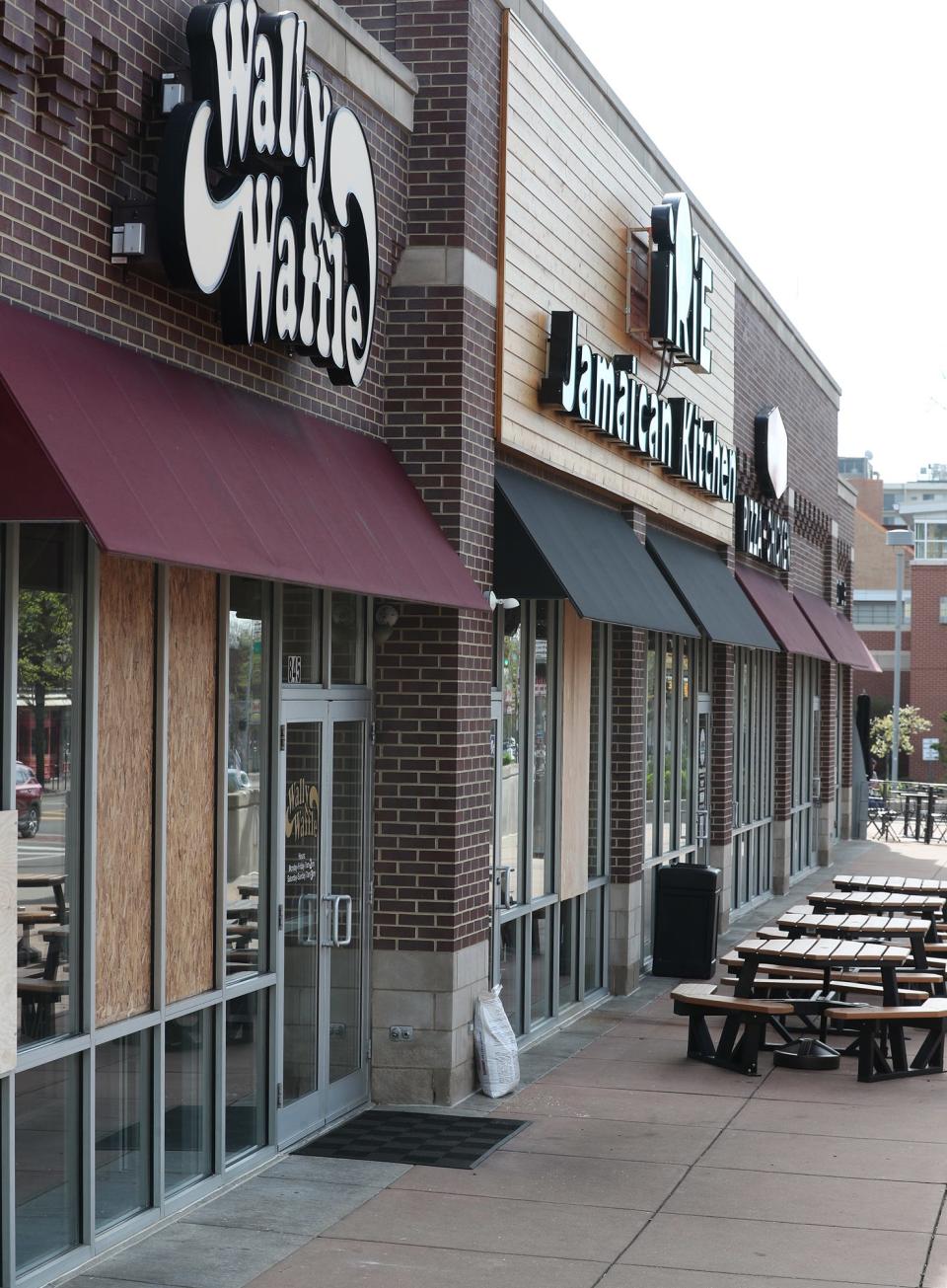 Wally Waffle, Irie Jamaican Kitchen and Chipotle Mexican Grill had broken windows during evening disturbances in Highland Square in Akron on Thursday. It's unclear if the unrest in the area was related to Jayland Walker protests.