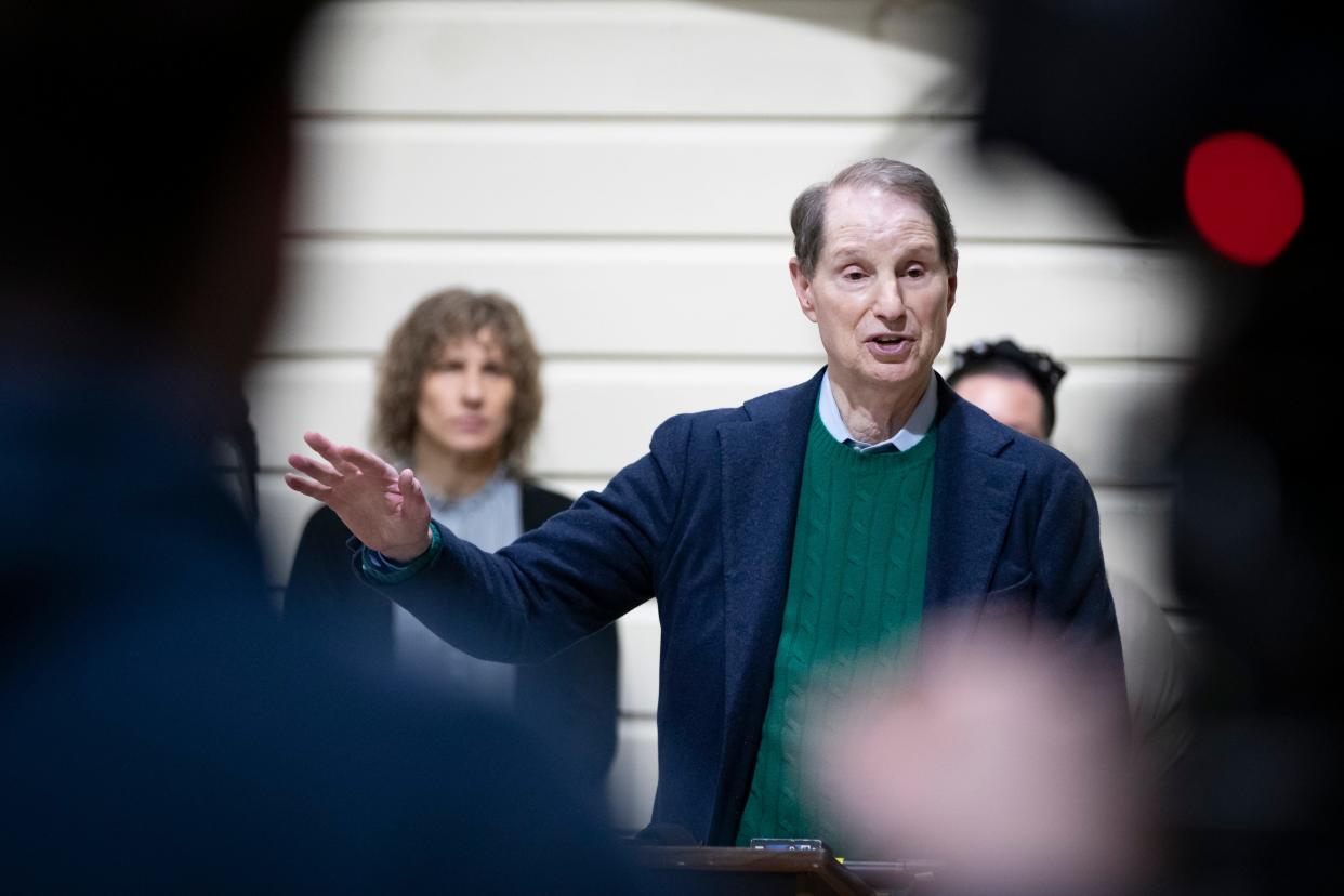 Sen. Ron Wyden discusses the Child Tax Credit during a press conference at Head Start of Lane County Wednesday, March 27, 2024, in Eugene, Ore.