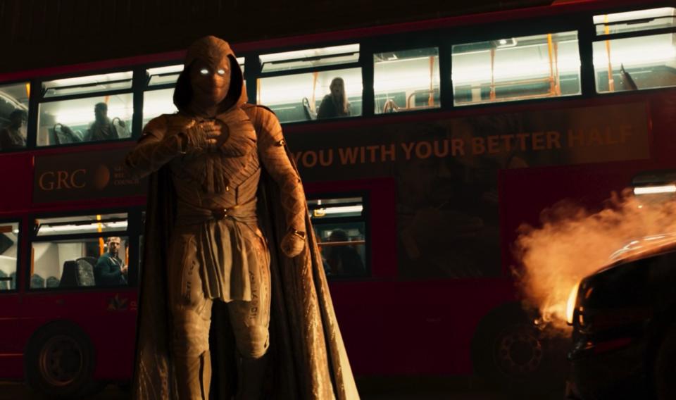 Moon Knight in front of a bus featuring the GRC MCU Easter egg