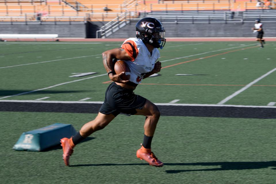 Running back Jesse Valenzuela, a Camarillo High graduate, carries the ball during a Ventura College football team practice on Wednesday, Aug. 31, 2022. The Pirates open their season against rival Moorpark College at home on Saturday night.