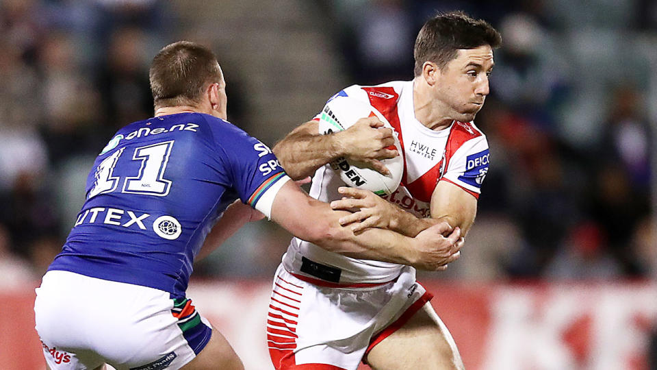 Seen here, Ben Hunt here playing for the Dragons against the Warriors in the NRL. 