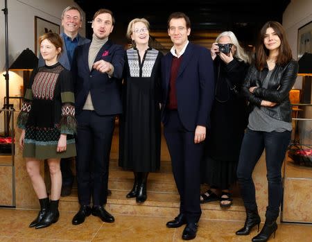 The members of the international jury for the upcoming 66th Berlinale International Film Festival pose during a photocall in Berlin, Germany, February 10, 2016. The members are (L-R): Italian actress Alba Rohrwacher, British author Nick James, German actor Lars Eidinger, Jury President U.S. actress Meryl Streep, British actor Clive Owen, French photographer Brigitte Lacombe and Polish director Malgorzata Szumowska. REUTERS/Fabrizio Bensch