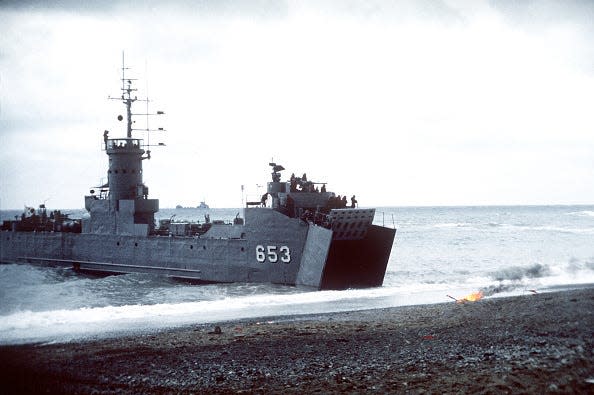 A Korean Navy tank landing ship approaches the beach during exercise Team Spirit '82.