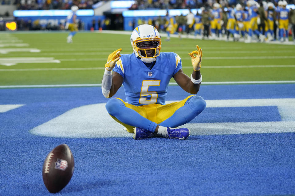 Los Angeles Chargers wide receiver Joshua Palmer celebrates a touchdown during the second half of an NFL football game against the Kansas City Chiefs Sunday, Nov. 20, 2022, in Inglewood, Calif. (AP Photo/Jae C. Hong)