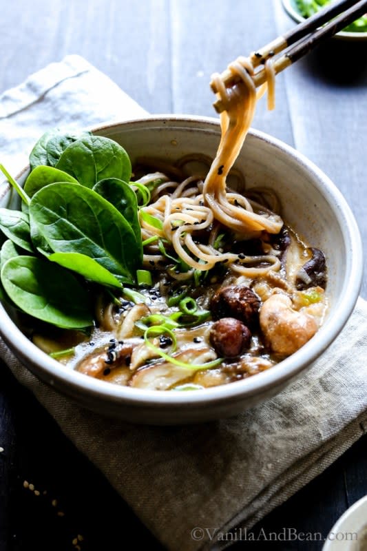 <p>A fast and hearty weeknight vegan mushroom ramen bowl packed with ginger, garlic, shiitake mushrooms and oodles of soba noodles! This recipe is vegetarian, vegan and optionally gluten free.</p><p><strong>Get the recipe: <a href="https://vanillaandbean.com/speedy-miso-spinach-mushroom-ramen/" rel="nofollow noopener" target="_blank" data-ylk="slk:Speedy Miso Spinach Mushroom Ramen;elm:context_link;itc:0;sec:content-canvas" class="link "><em>Speedy Miso Spinach Mushroom Ramen</em></a></strong></p>