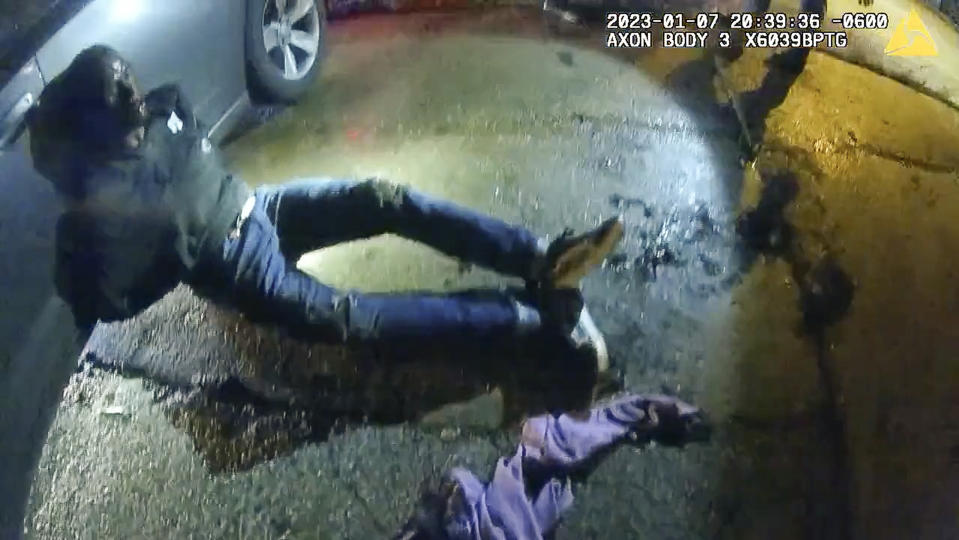 The image from video released on Jan. 27, 2023, by the City of Memphis, shows Tyre Nichols leaning against a car after a brutal attack by five Memphis police officers on Jan. 7, 2023, in Memphis, Tenn. Nichols died on Jan. 10. The five officers have since been fired and charged with second-degree murder and other offenses. (City of Memphis via AP)