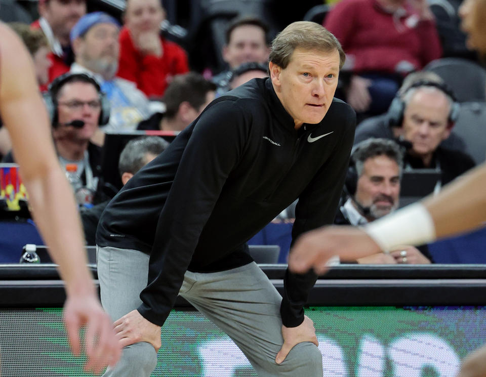 LAS VEGAS, NEVADA - MARCH 09: Head coach Dana Altman of the Oregon Ducks looks on in the first half of a quarterfinal game of the Pac-12 basketball tournament against the Washington State Cougars at T-Mobile Arena on March 09, 2023 in Las Vegas, Nevada. The Ducks defeated the Cougars 75-70. (Photo by Ethan Miller/Getty Images)