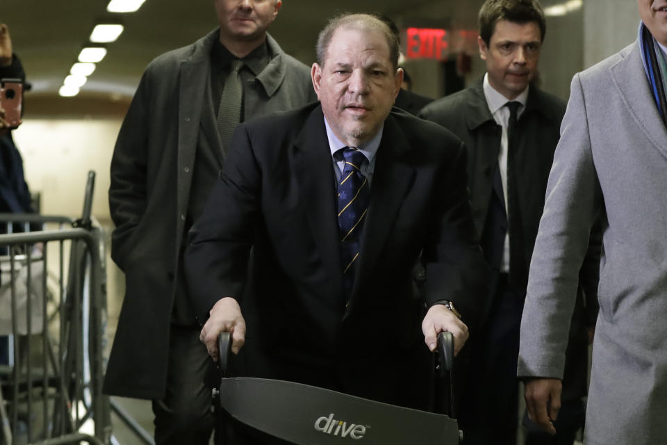 Harvey Weinstein arrives at court for his rape trial, in New York, Friday, Jan. 24, 2020. (AP Photo/Richard Drew)