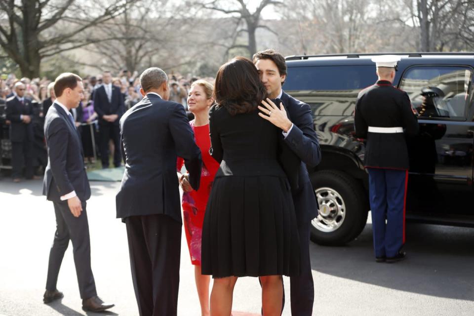 President Barack Obama and first lady Michelle Obama greet Canadian Prime Minister Justin Trudeau and Sophie Grégoire-Trudeau, as they arrive at the White House, Thursday March 10, 2016 in Washington. (AP Photo/Pablo Martinez Monsivais)