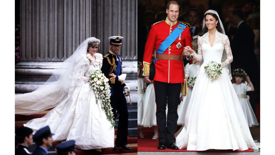 <p>Diana at her wedding to Prince Charles in 1981. Kate at her wedding to Prince William in 2011.</p>