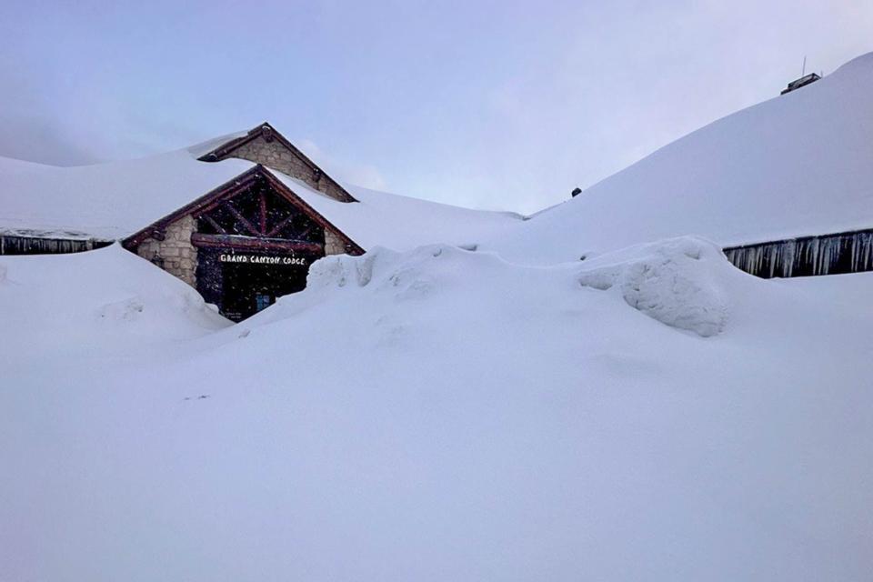 <p>E. Shalla/NPS Photo/Courtesy of Grand Canyon National Park</p> The Grand Canyon Lodge as seen on April 4, 2023. The North Rim of Grand Canyon National Park has received more than 250 inches of accumulated snowfall this winter season.