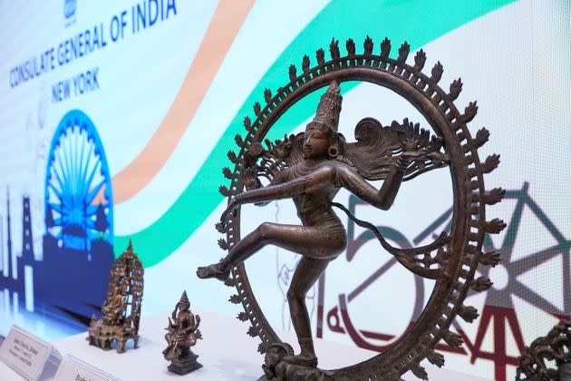 Some of the stolen objects being returned to India, including this bronze Shiva Nataraja valued at $4 million, are displayed during a ceremony at the Indian consulate in New York on Oct. 28. (Photo: via Associated Press)