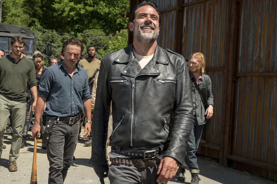 <p>Austin Nichols as Spencer Monroe, Andrew Lincoln as Rick Grimes, Jeffrey Dean Morgan as Negan, Austin Amelio as Dwight (Credit: Gene Page/AMC) </p>